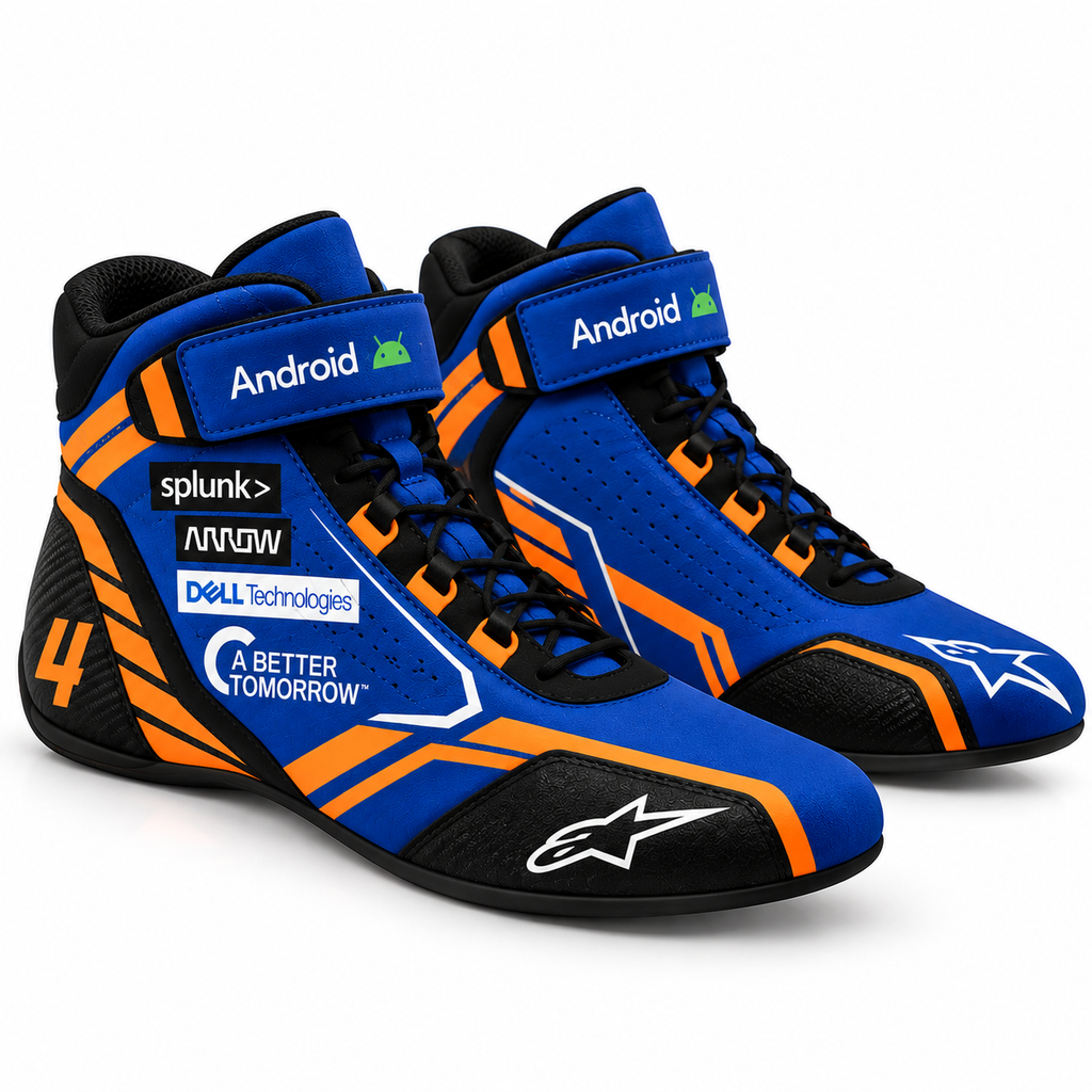 Lando Norris 2024 Kart Racing Shoes – Blue & Orange Performance Racing Boots(PKG-ML005)