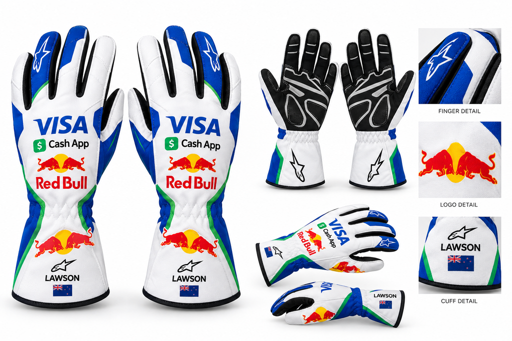 Liam Lawson 2025 Visa Red Bull Kart Racing Gloves – White Blue Green(PKG-RB007)