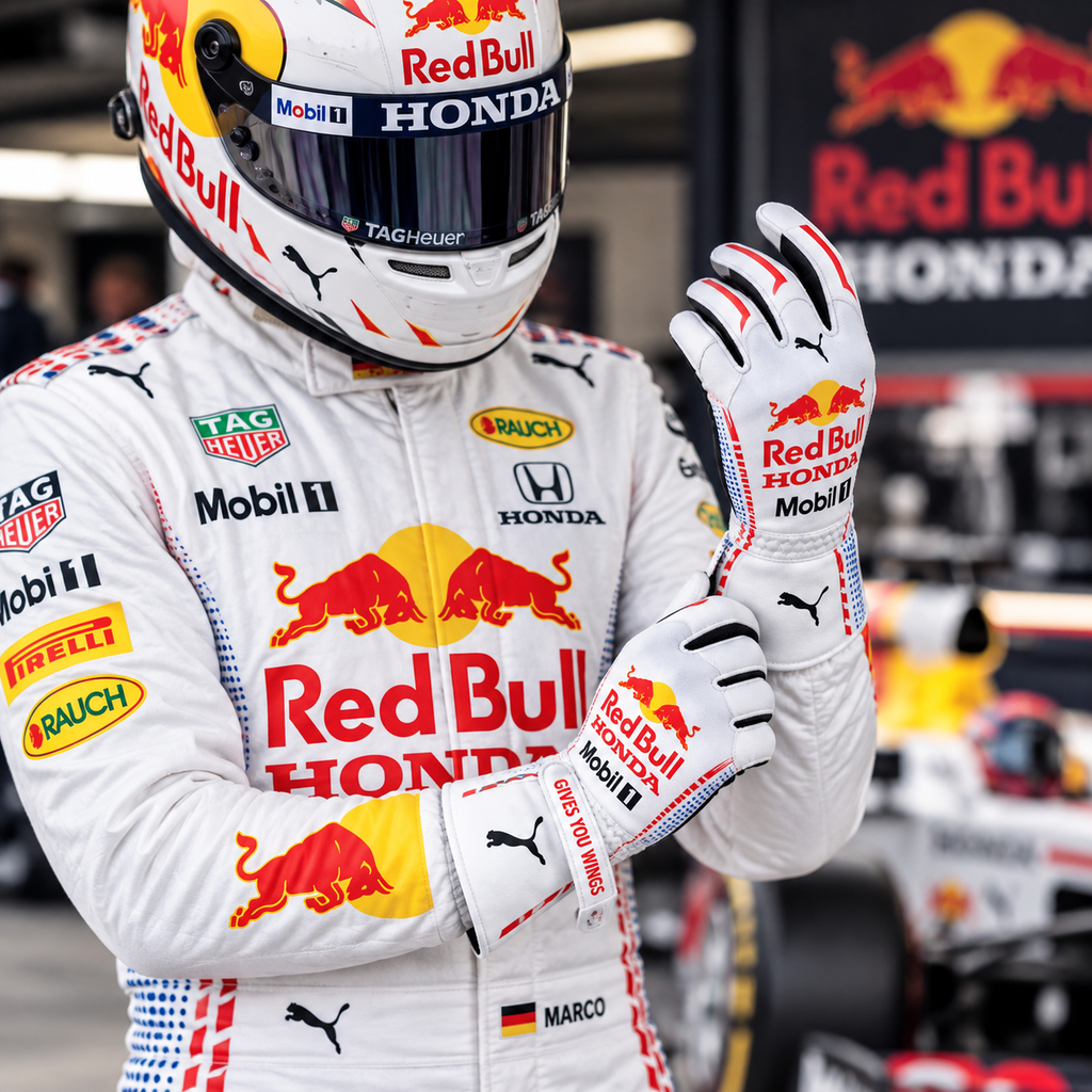 White Red Bull Honda Kart Racing Gloves – Motorsport Driving Gloves (PKG-002)