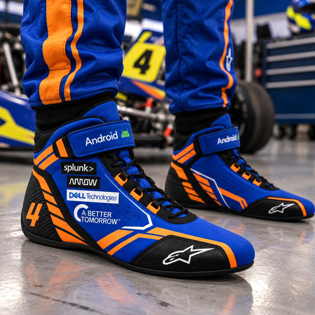 Lando Norris 2024 Kart Racing Shoes – Blue & Orange Performance Racing Boots(PKG-ML005)