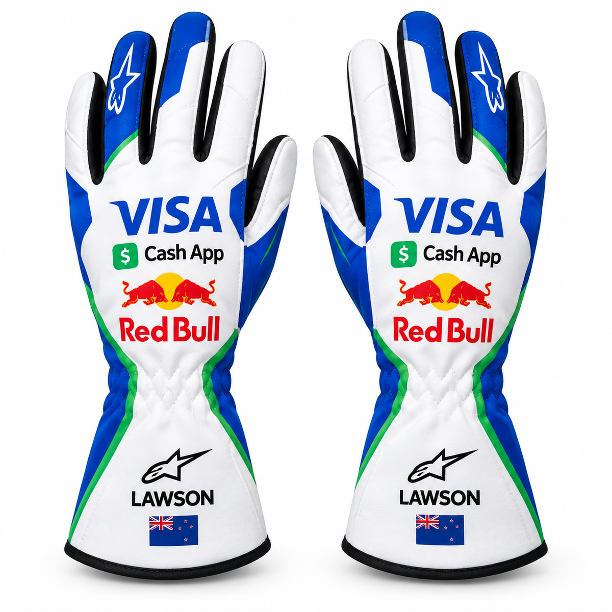 Liam Lawson 2025 Visa Red Bull Kart Racing Gloves – White Blue Green(PKG-RB007)