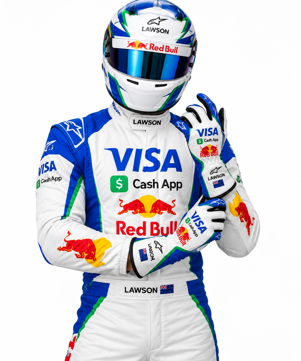 Liam Lawson 2025 Visa Red Bull Kart Racing Gloves – White Blue Green(PKG-RB007)